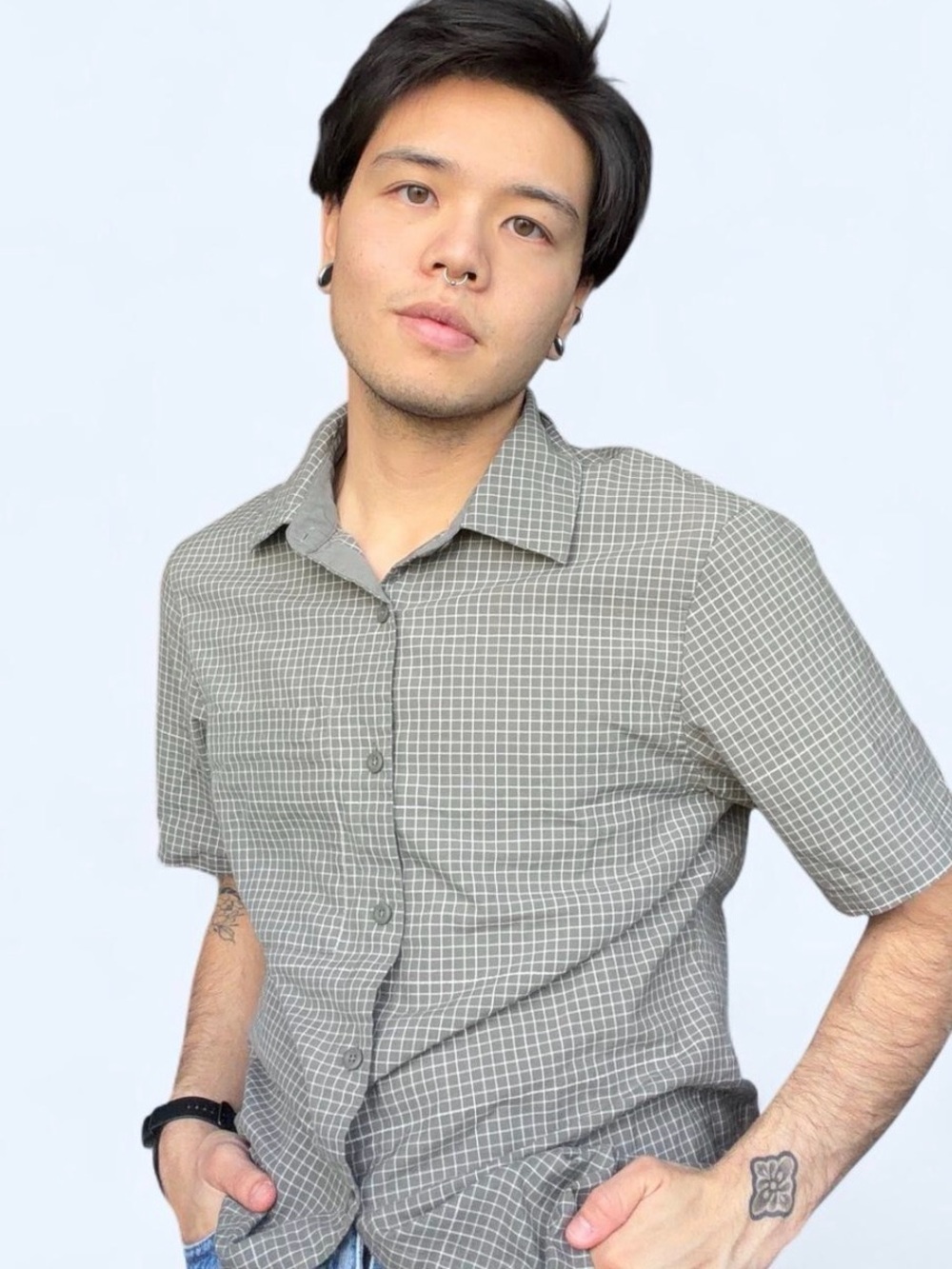 Lululemon Gray Grid Button Up Shirt Men's Small